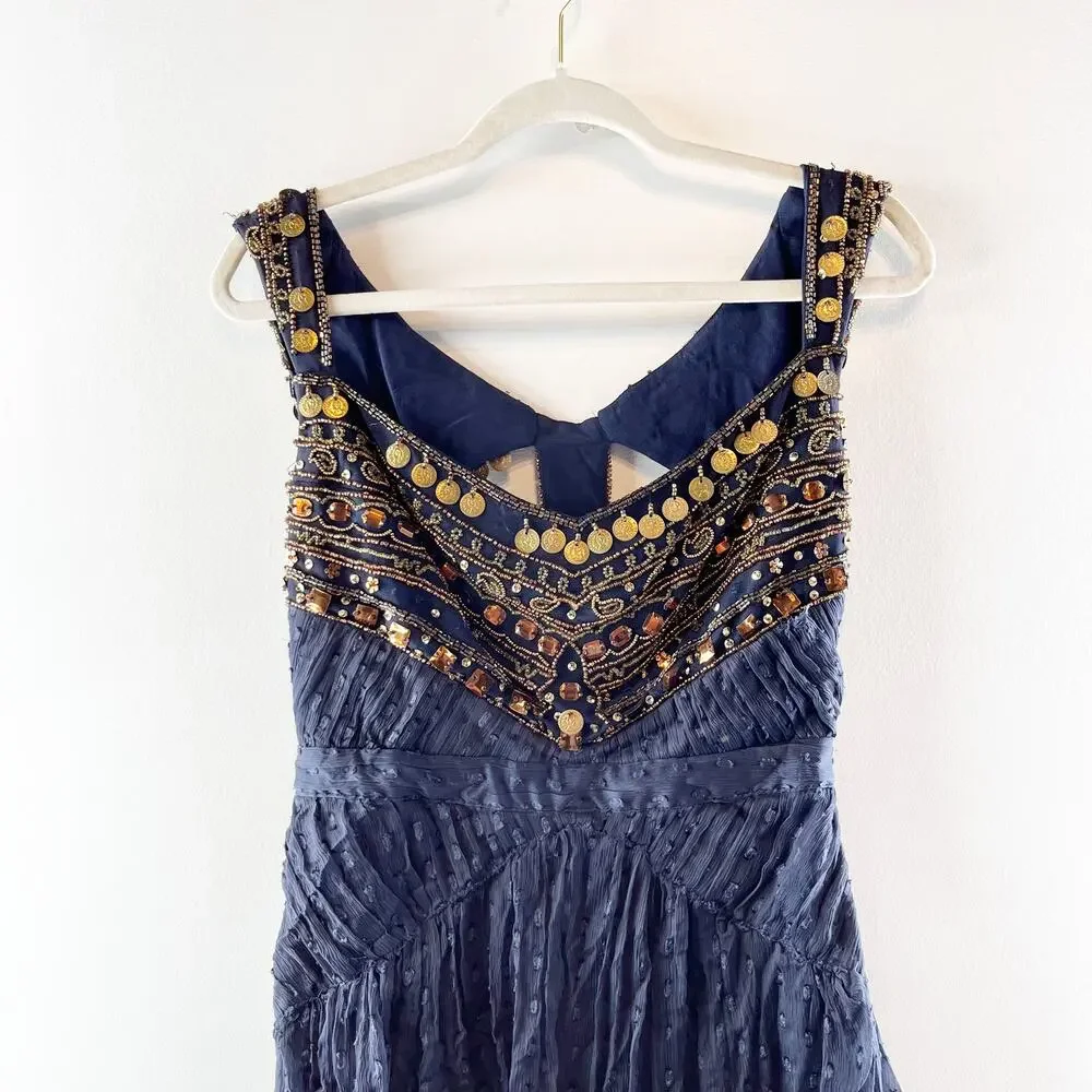 Free People Jeweled Beaded Fit and Flare Mini Dress Navy Blue 4